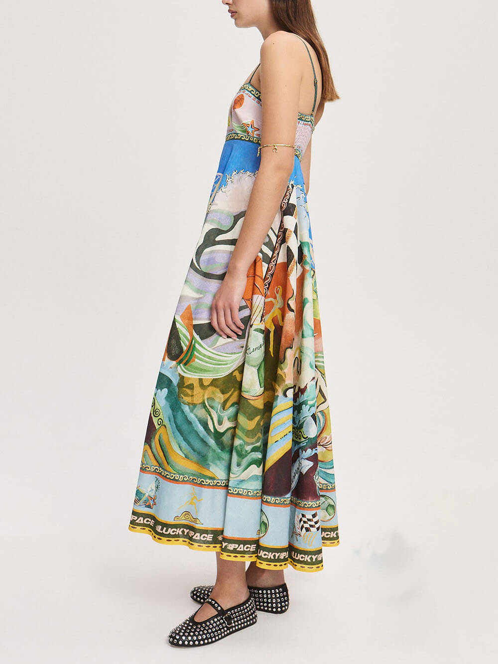 Casual Unique Pattern Print Suspenders Loose Maxi Dress