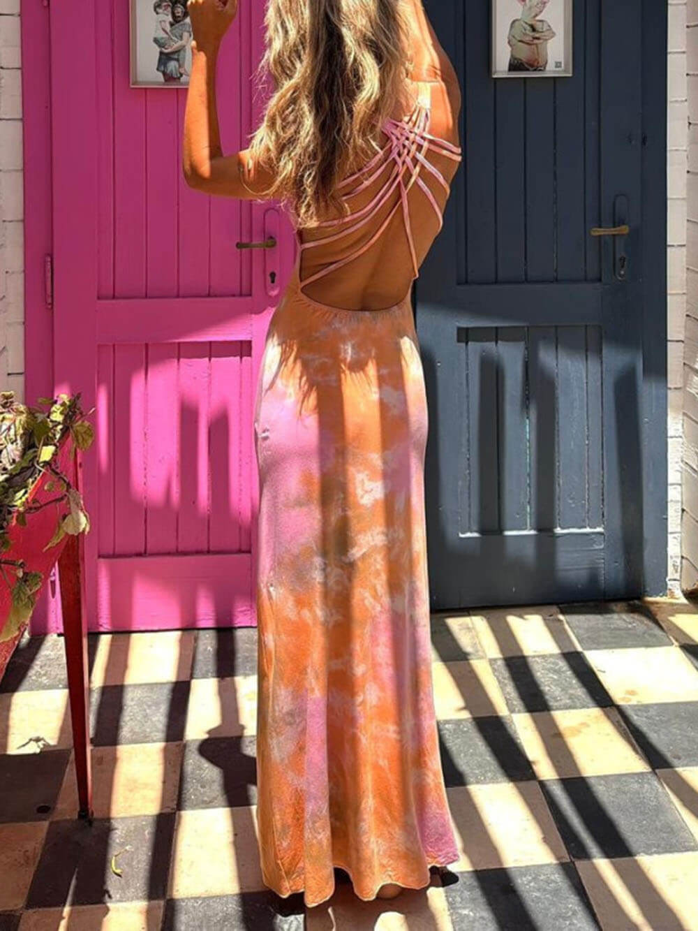Unique Summer Adventures Tie-dye Print Back Lace-up Stretch Maxi Dress