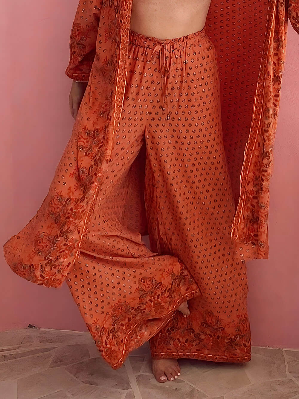 Unique Satin Floral Print Elastic Waist Loose Drawstring Wide Leg Pants