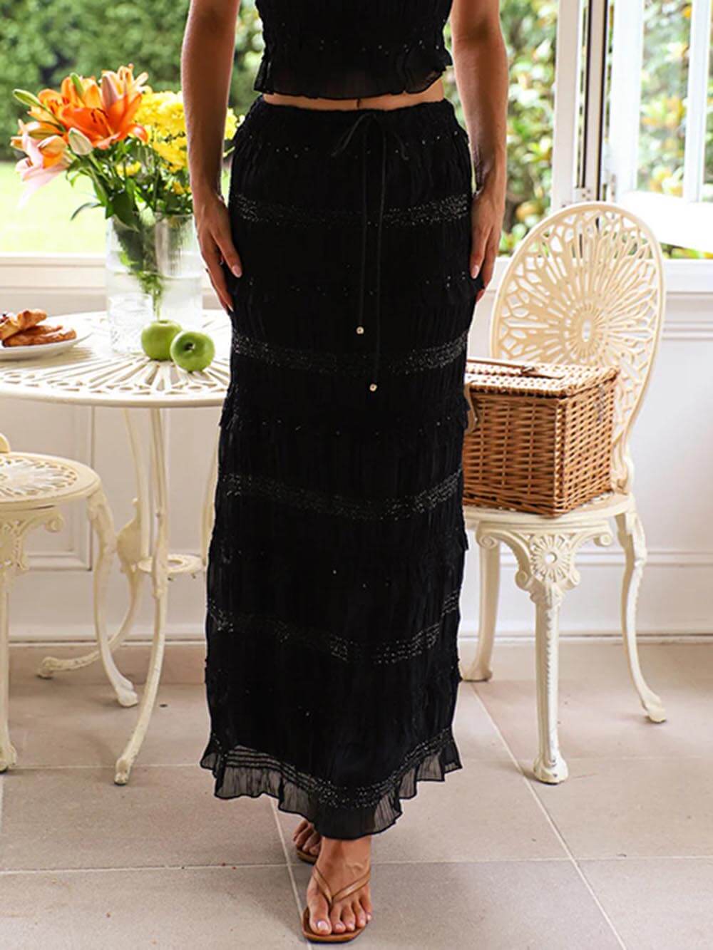 Charm Pleated Drawstring Elastic Waist Tiered Maxi Skirt