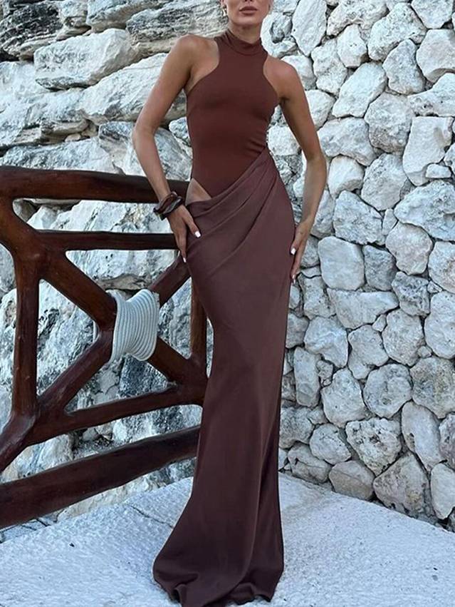 Slim-fit Stitching Hollow-out Maxi Dress