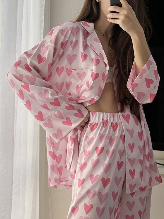 Heart Printed Long Sleeve and Long Pants Homewear Set