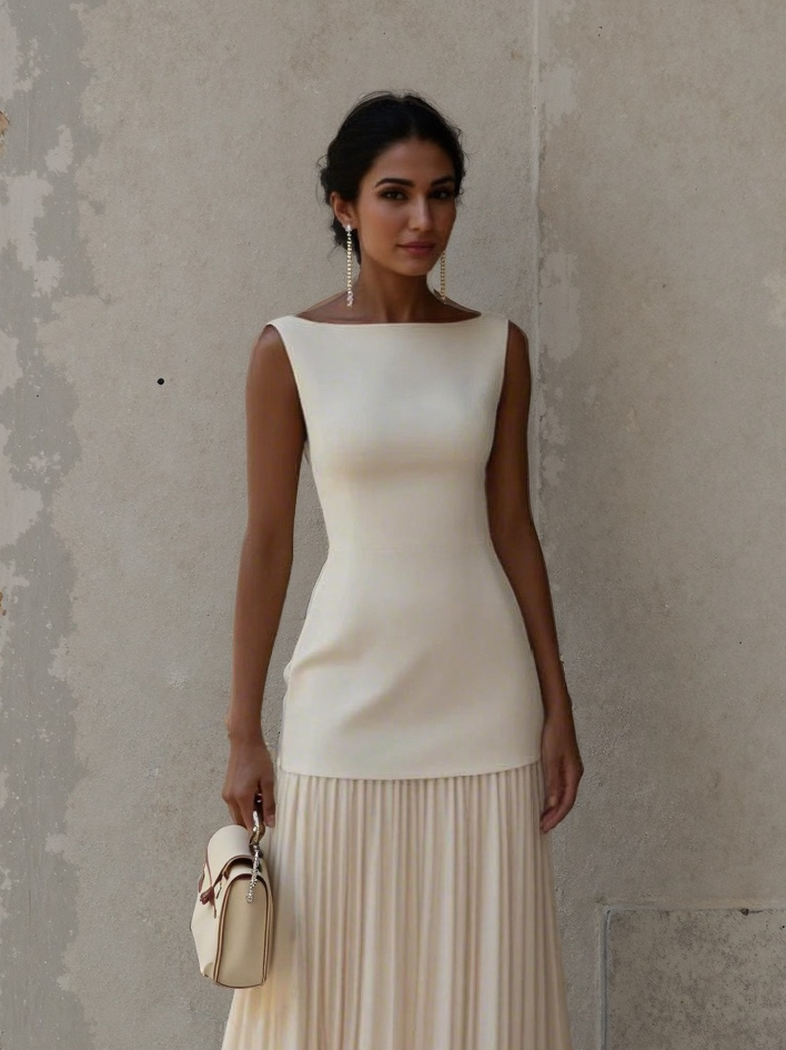 Elegant Pleated Classic Boat Neck Pleated Maxi Dress