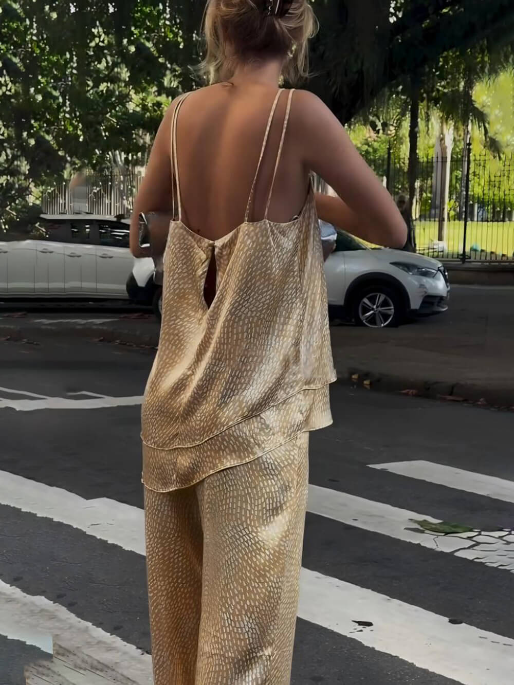 Unique Artistic Print Flow Satin Elastic Waist Wide-Leg Pants