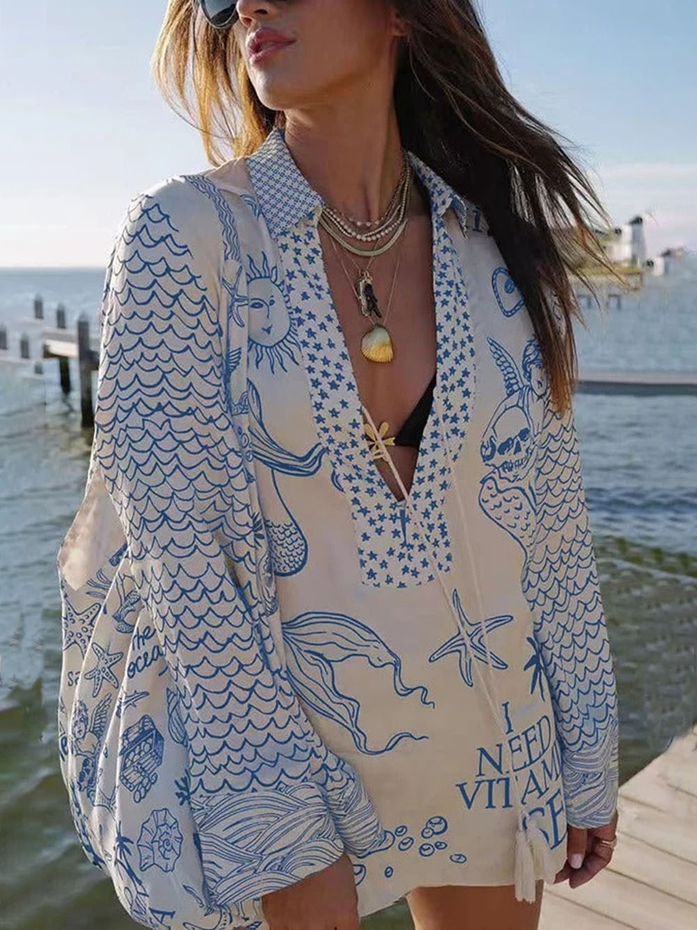 Unique Live By Water Satin Print Tassle Shirt and Elastic Waist Shorts Set