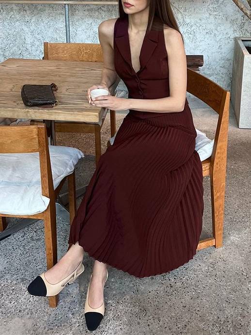 Suit Collar Vest and Midi Pleated Skirt Suit