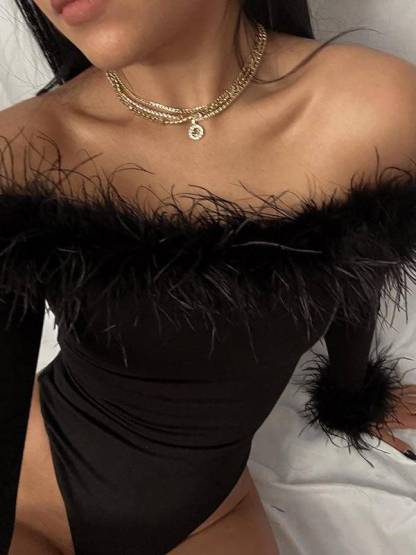 Furry Patchwork Off-shoulder T-shirt Bodysuit