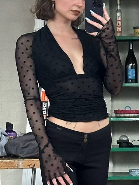 Polka Dot Lace See-Through Top T-Shirt