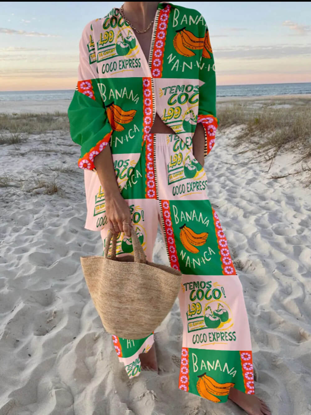 Fashionable Banana And Coconut Unique Print Long-Sleeved Shirt And Wide-Leg Pants Set