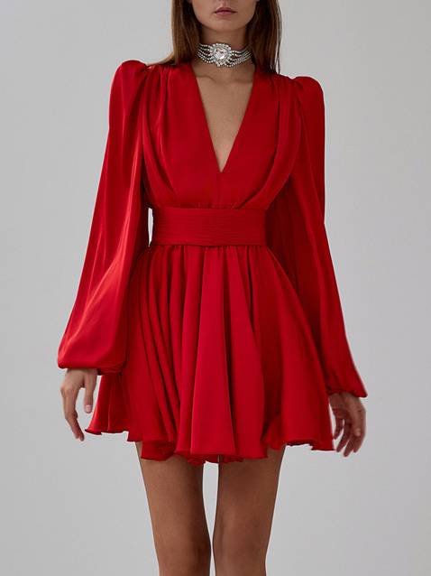 Pleated Bubble Sleeve Waist Seal Dress