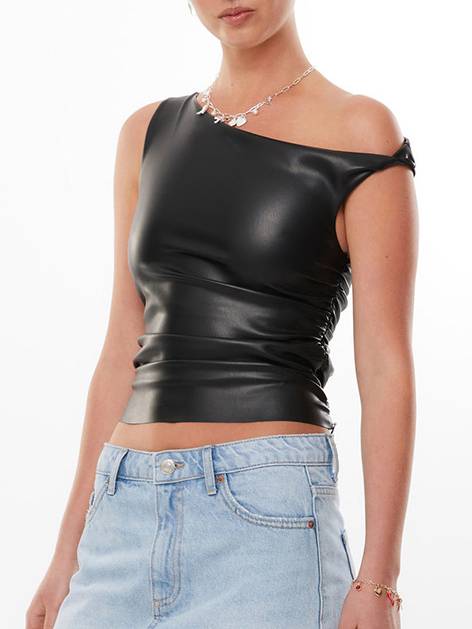 Twisted off-the-shoulder leather pleated crop top