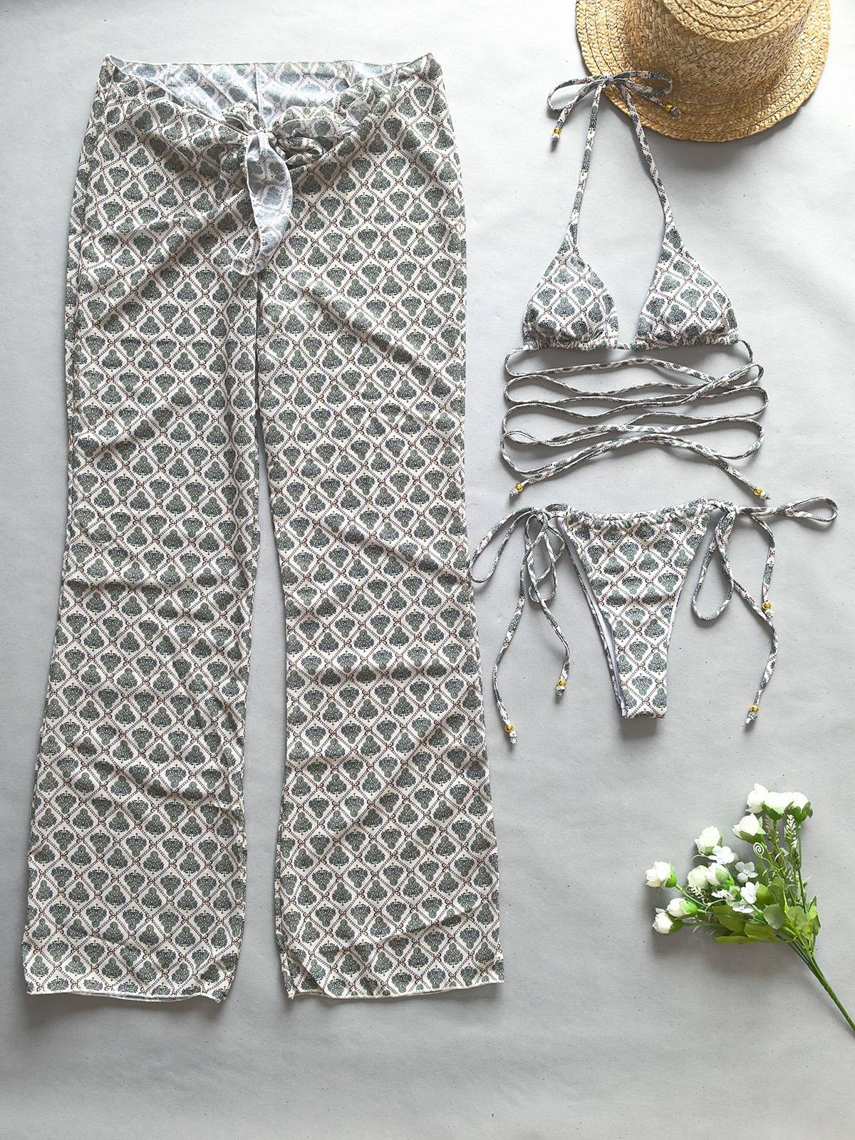 Printed Bikini Pants Three-piece Set