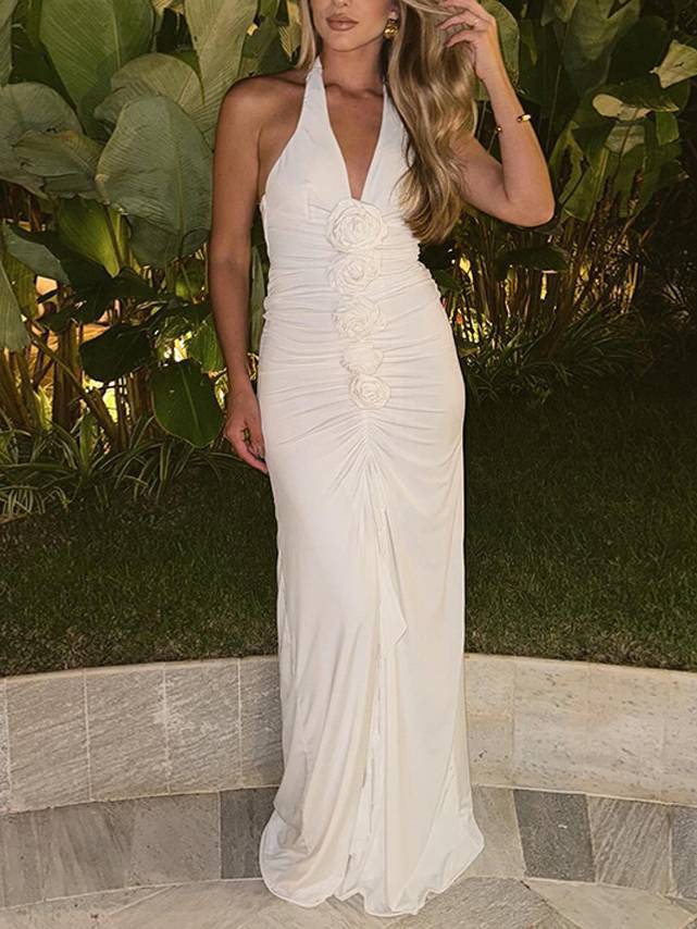 Halter Neck Deep V Floral Backless Dress