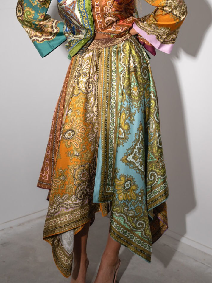 Retro Paisley Print Satin Irregular Skirt