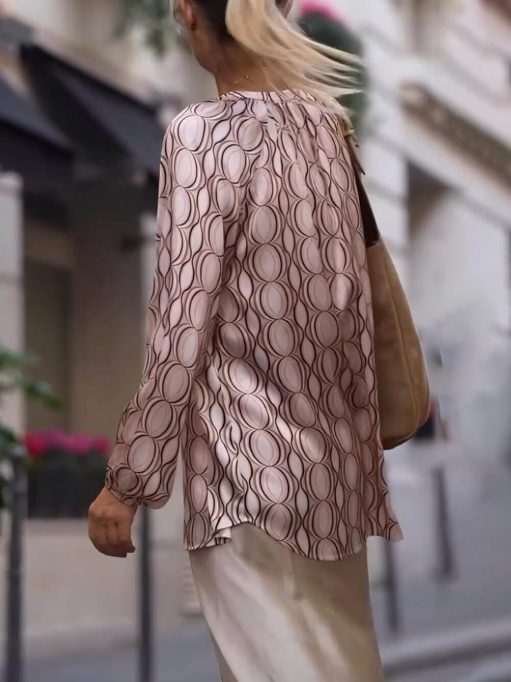 Retro Circle Print Charm Cuffs Loose Fit Shirt