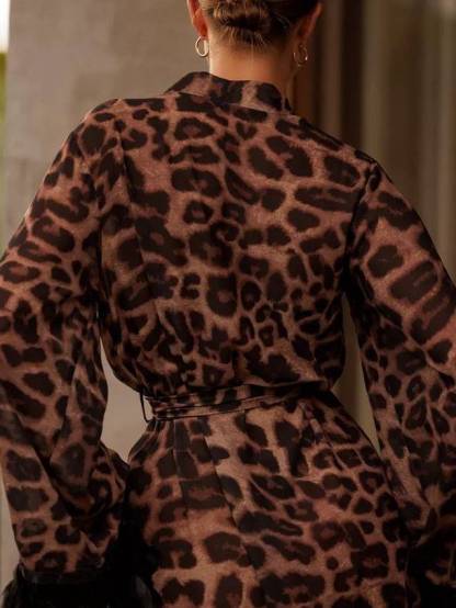 Leopard-Print Feather Stitching Long-Sleevd Tie Nightgown