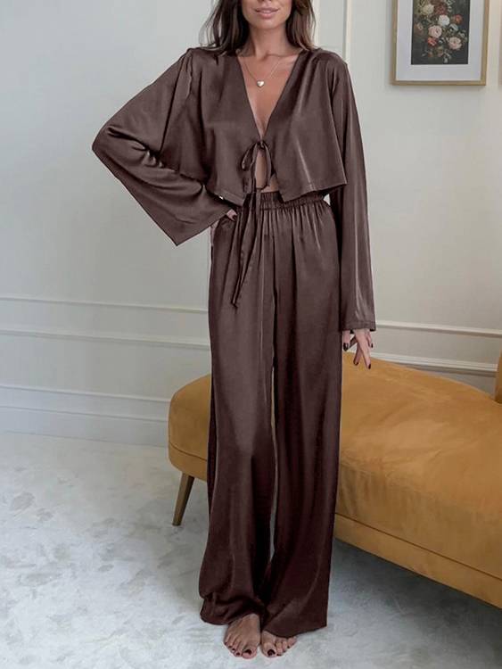 Lace-Up Cardigan Long-sleeved pants Homewear Two-piece Set