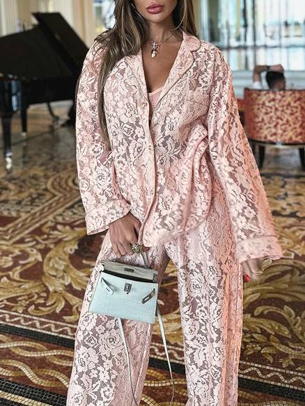 Lace See-through Shirt And Pants Two-piece Suit