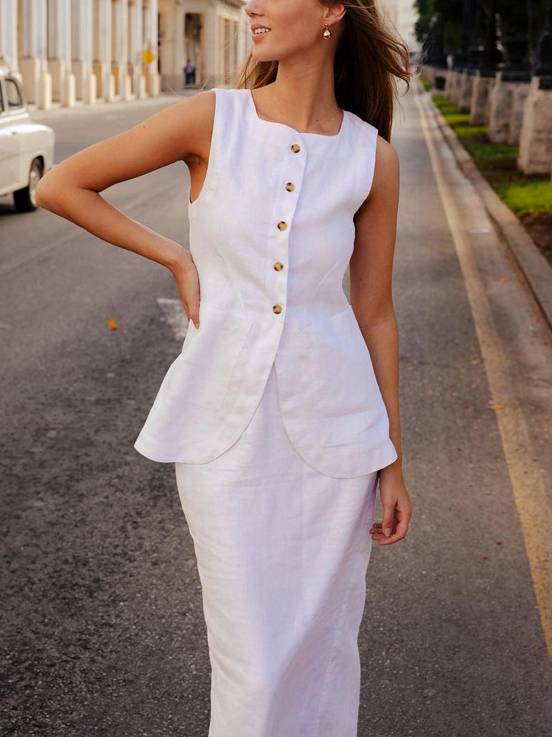 Square Collar Sleeveless Vest High Waist Skirt Suit