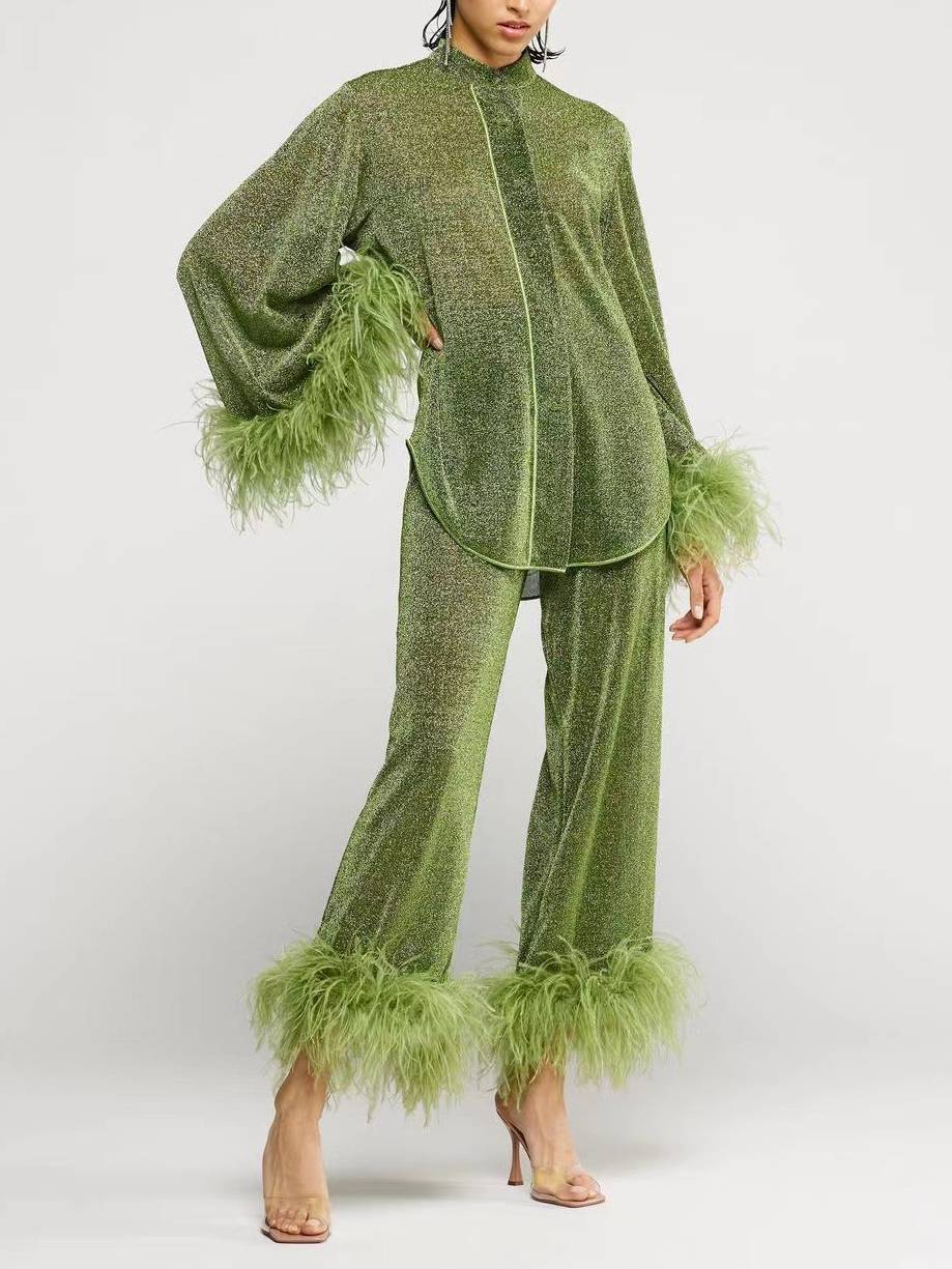 Feather Stand Collar Shirt Wide-leg Pants Suit