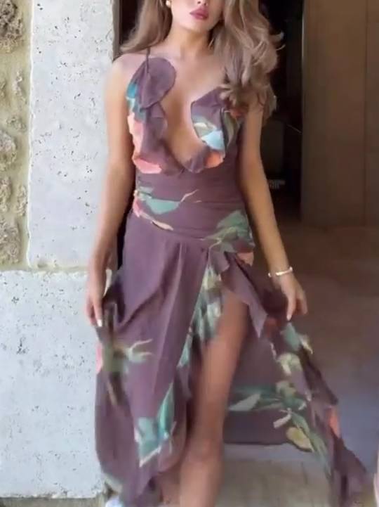 Deep V-neck Front Slit Floral Dress