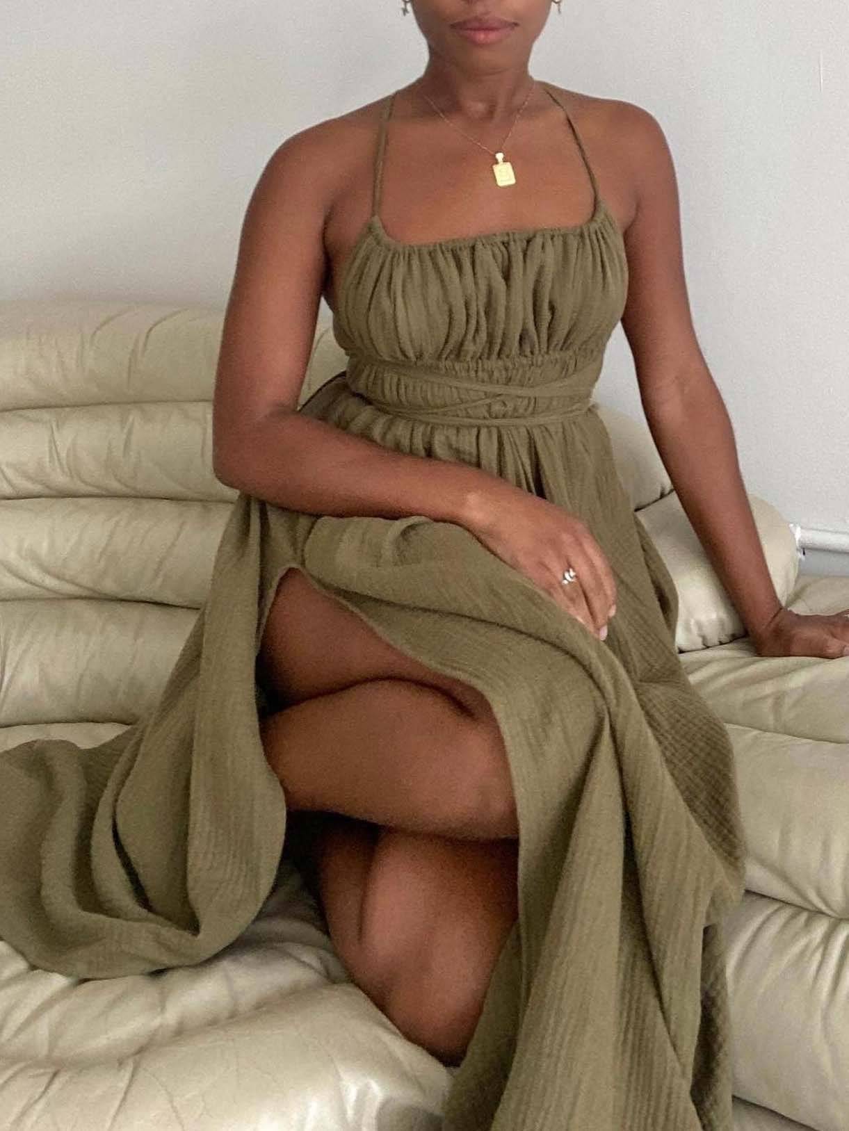 Tube Top Lace Up Side Slit Dress