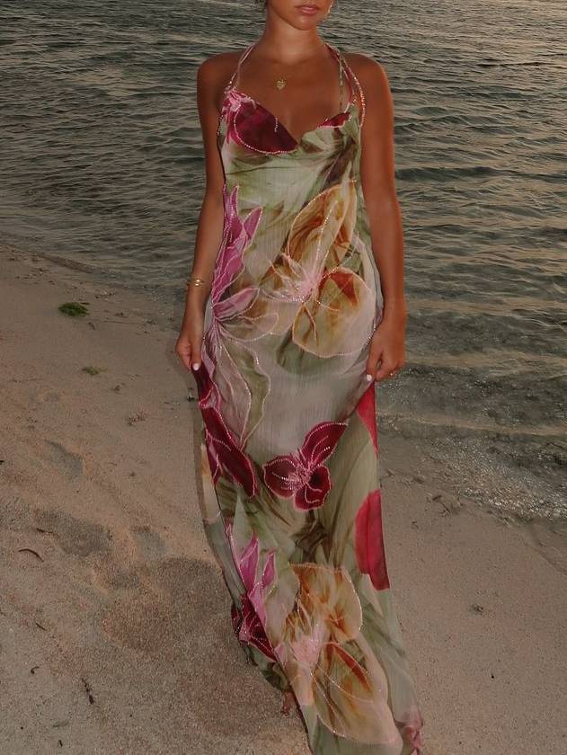 Halter Neck Backless High Slit Printed Dress