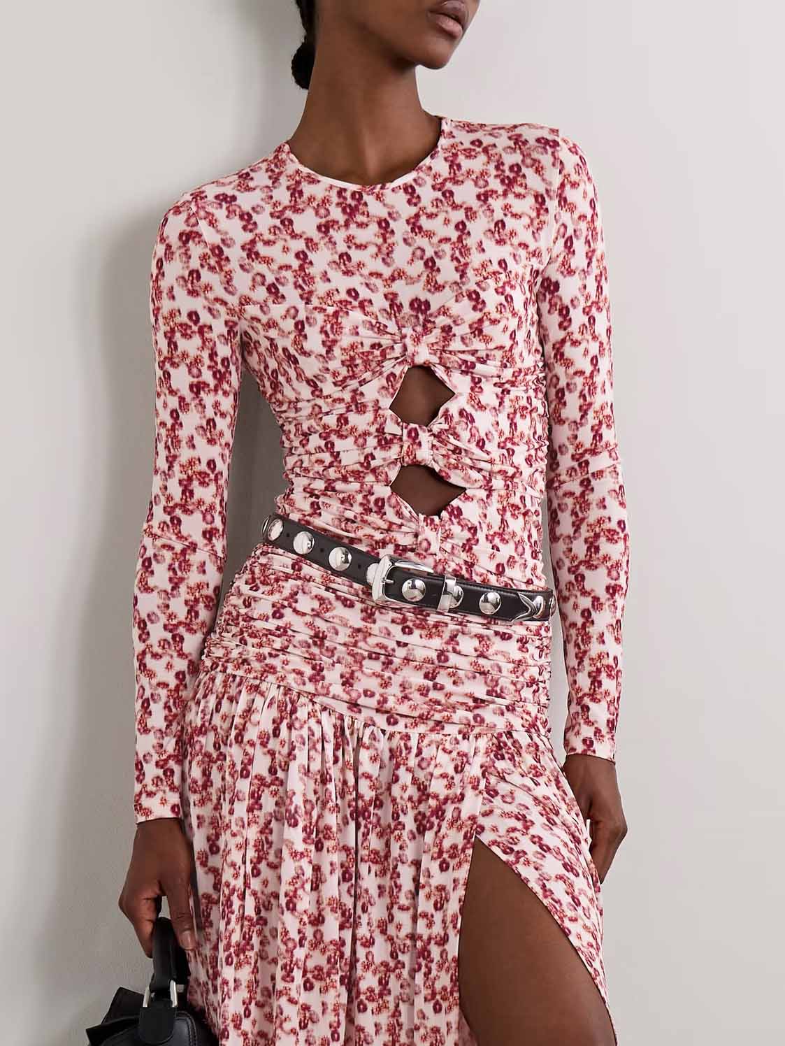 Exquisite Pleated Openwork Floral Print Stretch Knit T-shirt