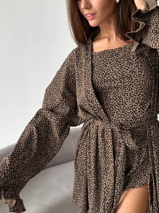 Leopard-Print Ruffled Nightgown Sling Shorts Three-Piece Home Wear