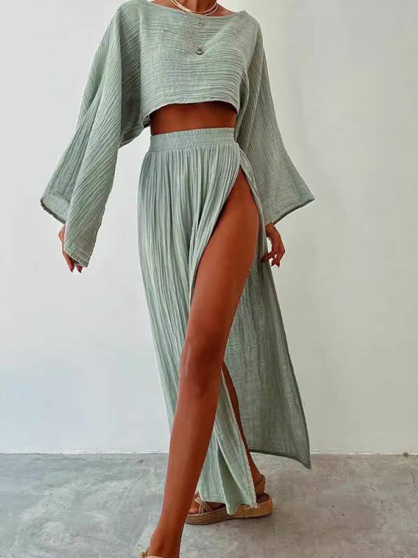 Loose Top and Slit Wide Leg Pants Set