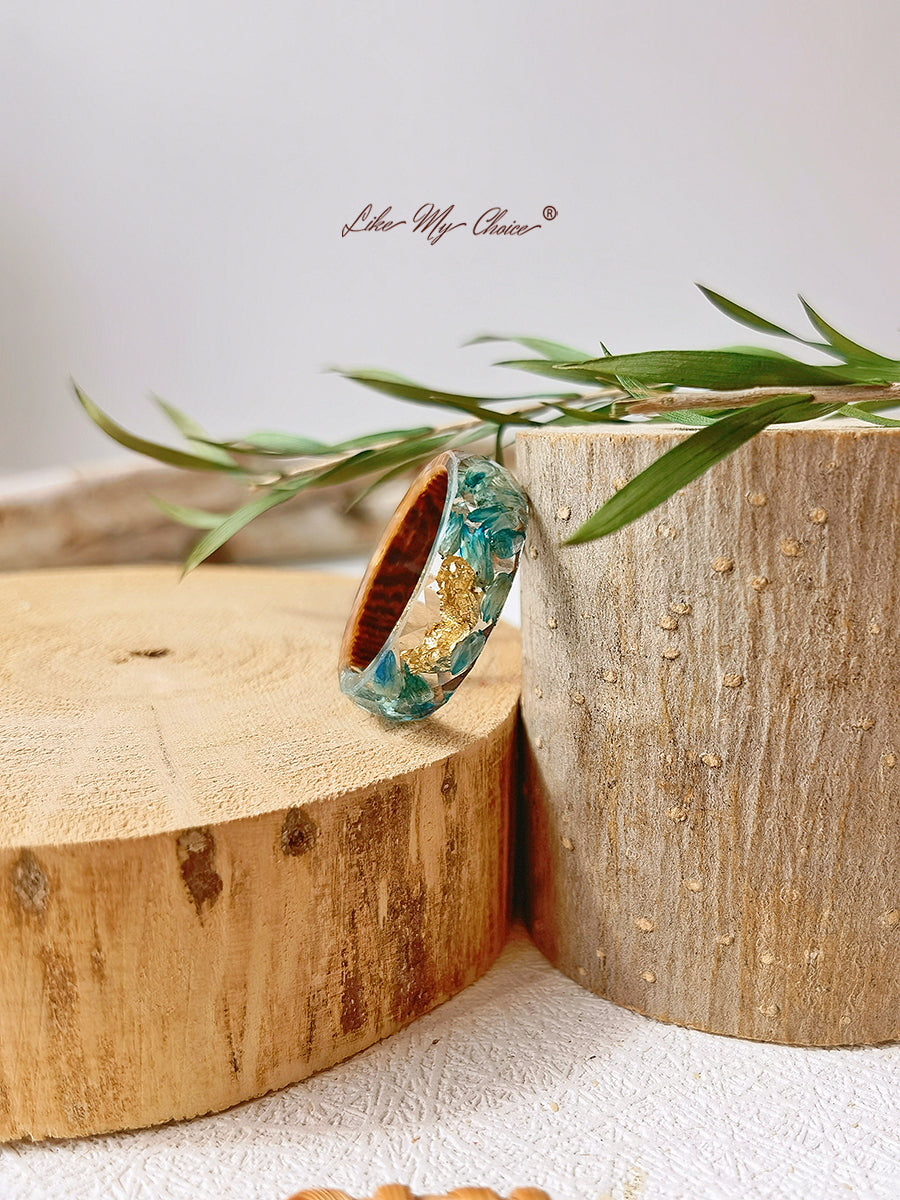 Handmade Dried Flower Inlaid Resin Ring-Gold foil blue