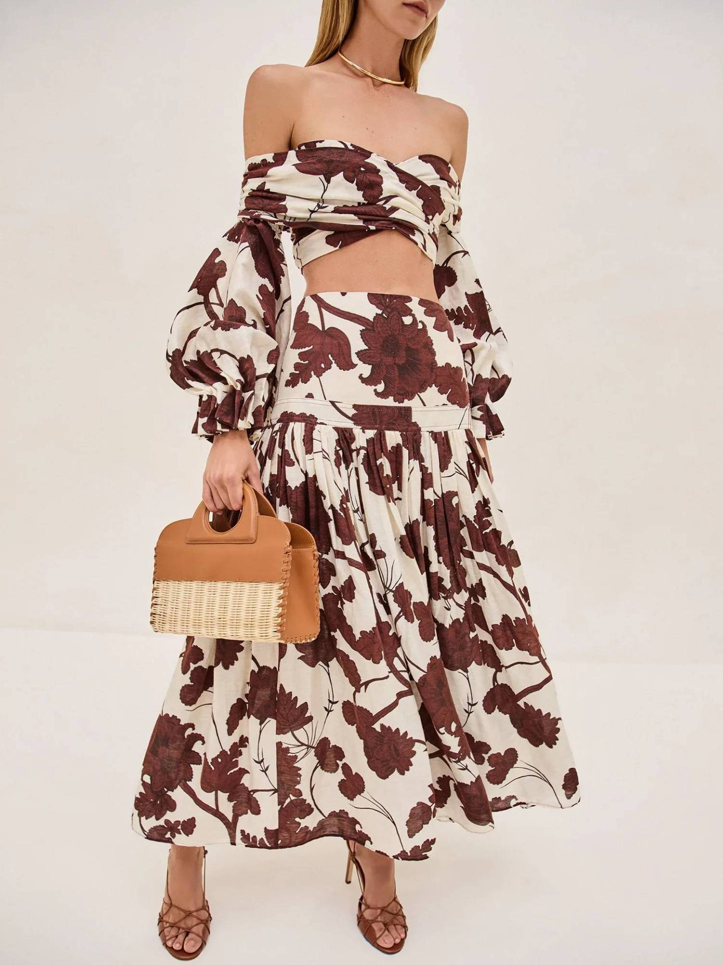 Printed Off-shoulder Top And Skirt Suit