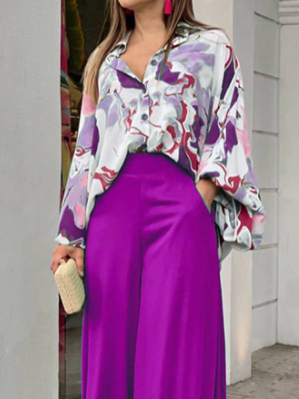 Printed Shirt Wide Leg Pants Suit