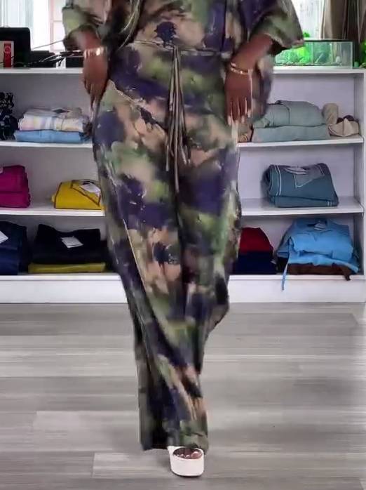 Printed Lace-up Shirt And Wide Leg Pants Suit-Pants