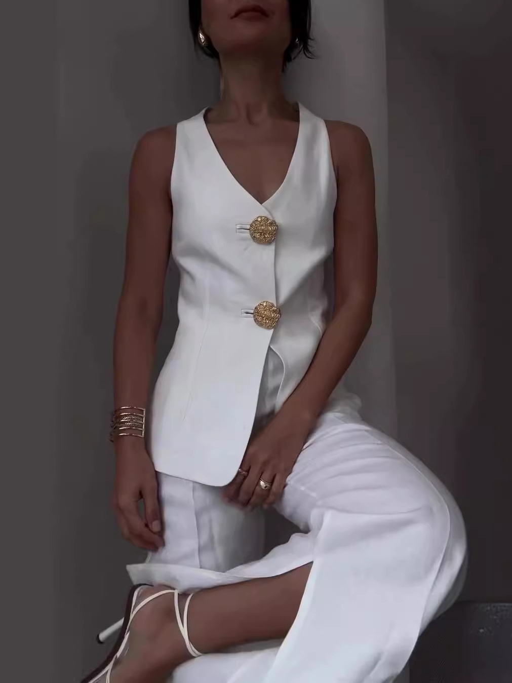 Slim-Fit Vest Slit Wide Leg Pants Suit