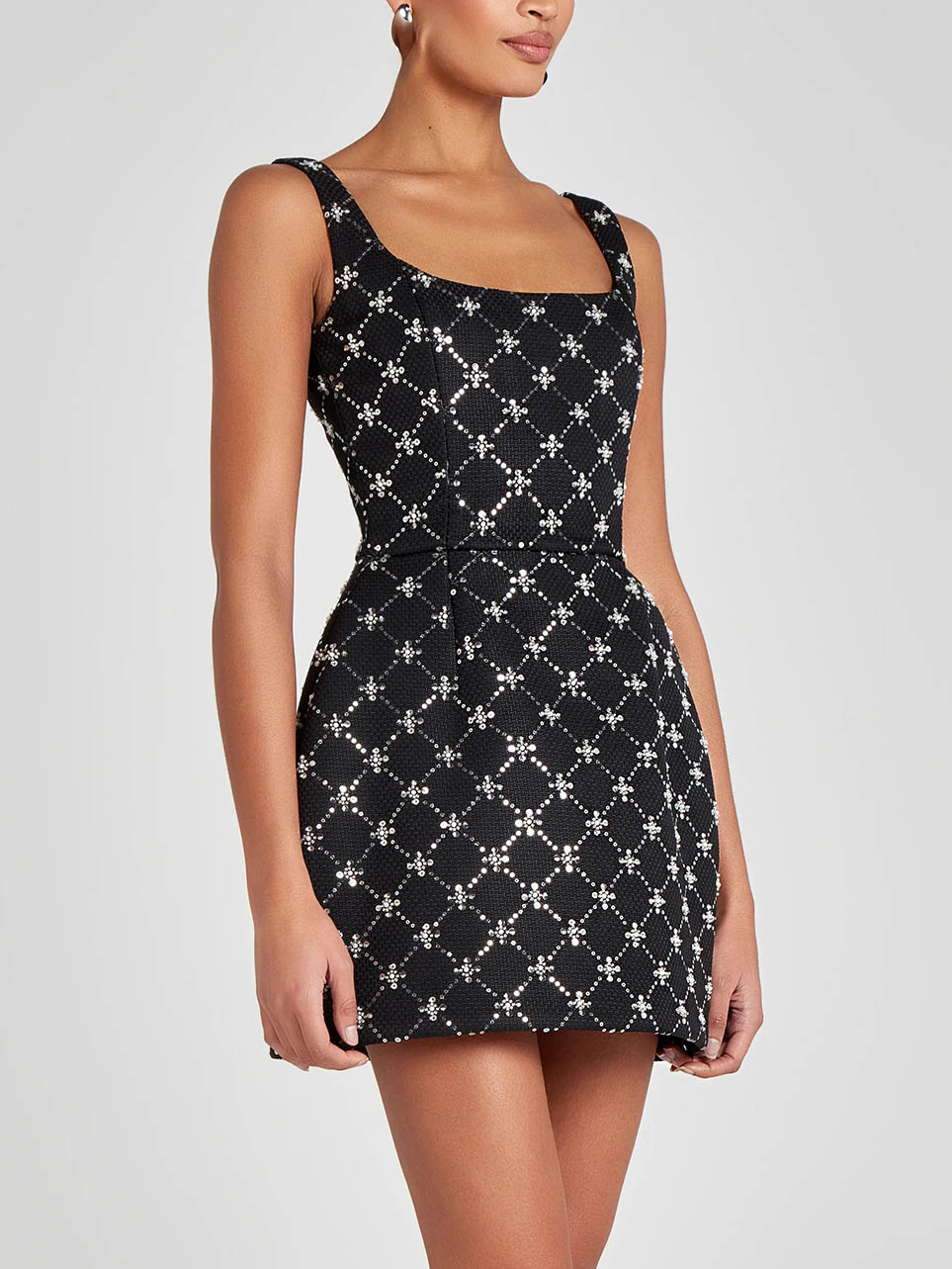 Elegant Sequined Beaded Square Neck Sleeveless Mini Dress