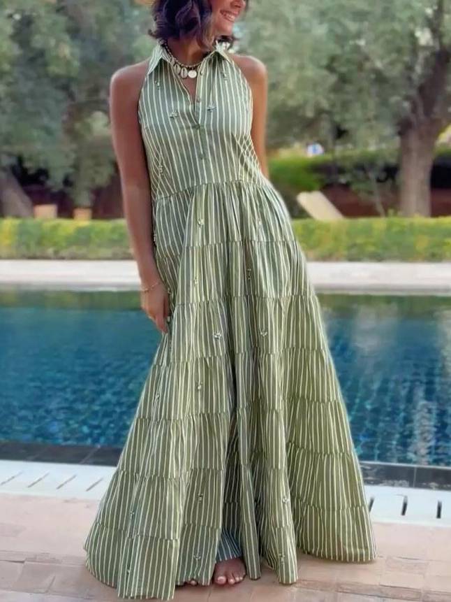 Shirt Collar Backless Striped Dress