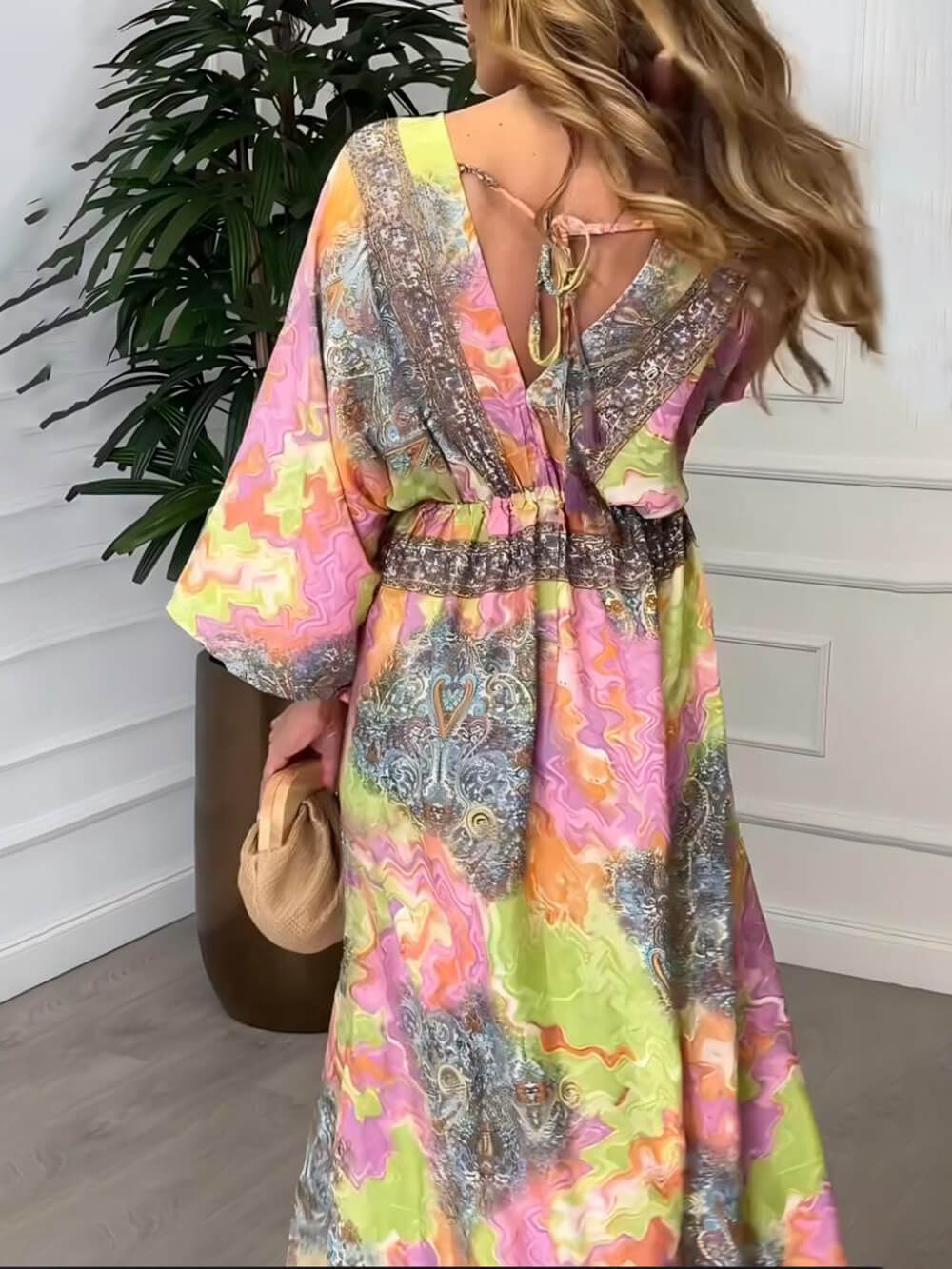 Summer Bold Floral Print Elastic Waist Backless Slit Casual Maxi Dress