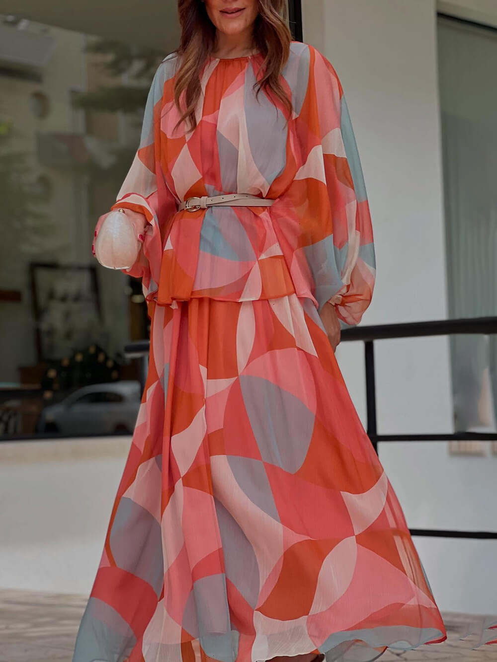 Classic Geometric Print Elastic Waist Maxi Skirt