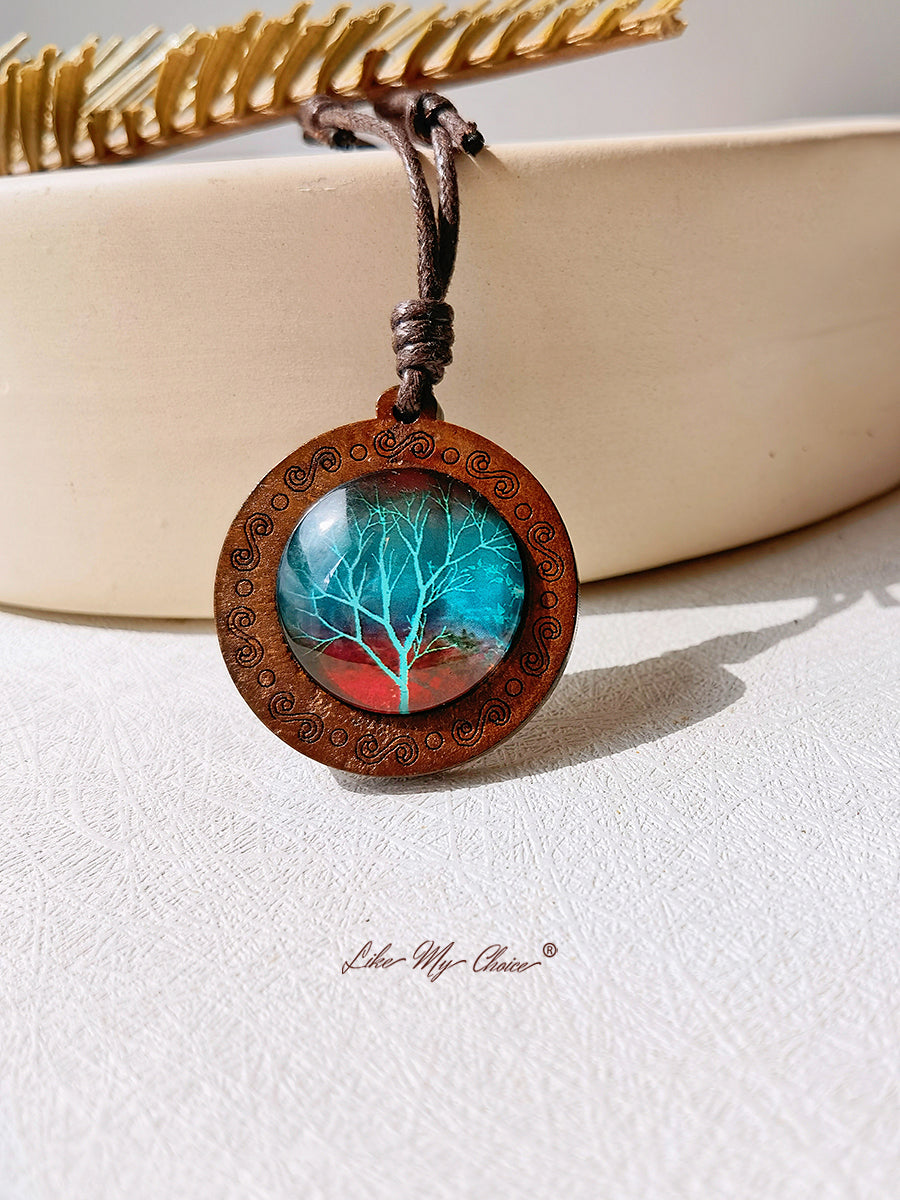 Tree of Life Art Glass Tile Pendant Necklace