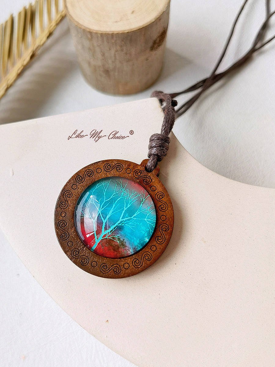 Tree of Life Art Glass Tile Pendant Necklace