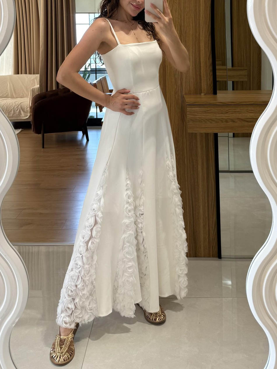 Elegant Rose Floral Applique Spaghetti Strap Midi Dress