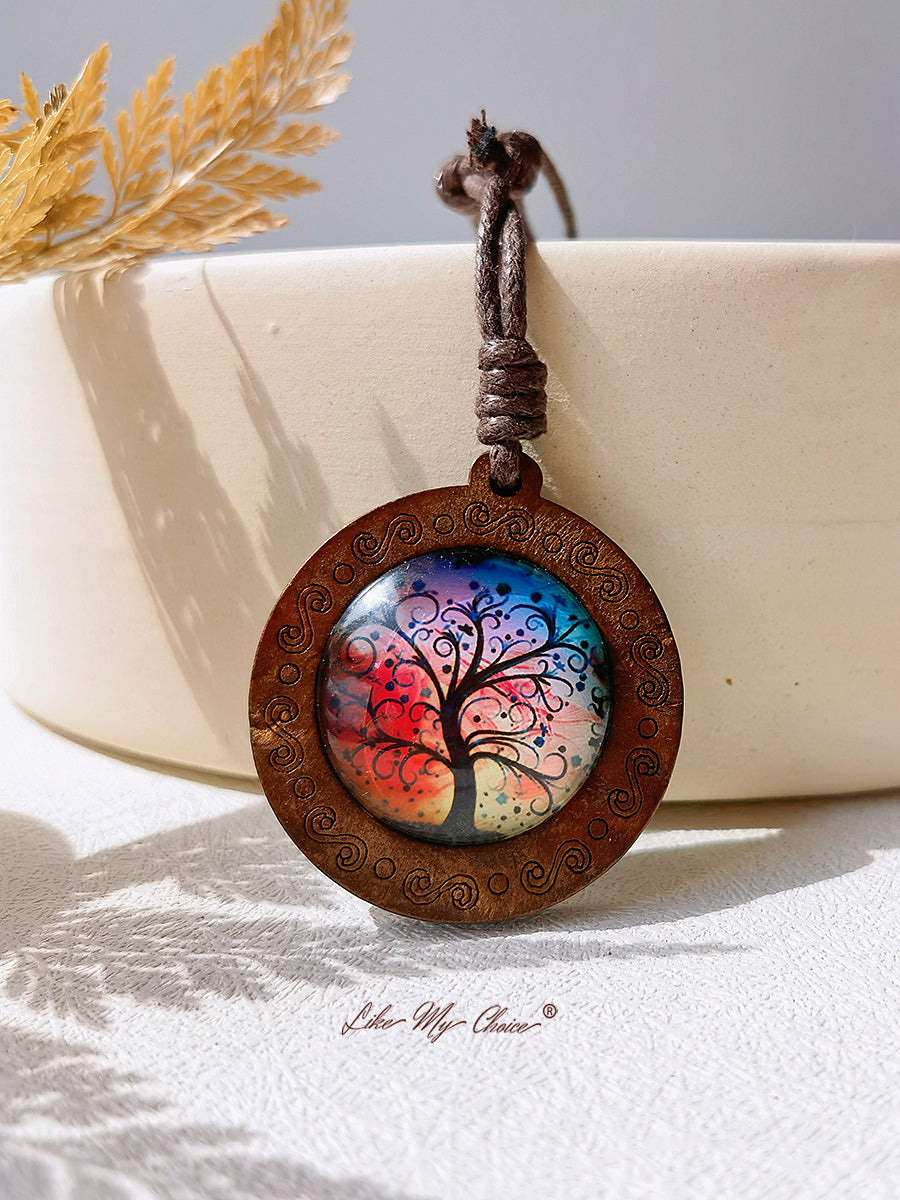 Tree of Life Art Glass Tile Pendant Necklace