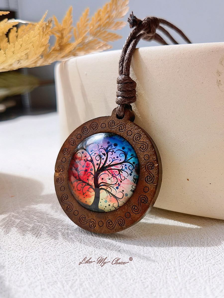 Tree of Life Art Glass Tile Pendant Necklace