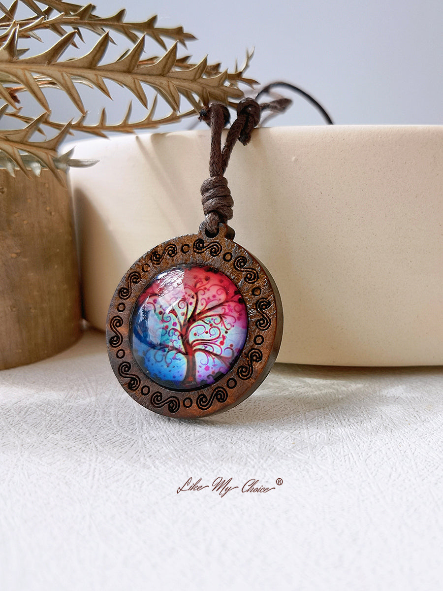 Tree of Life Art Glass Tile Pendant Necklace