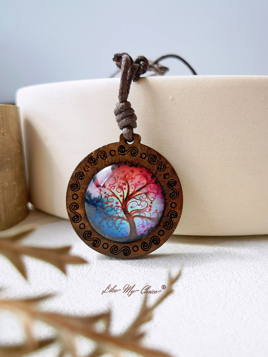 Tree of Life Art Glass Tile Pendant Necklace