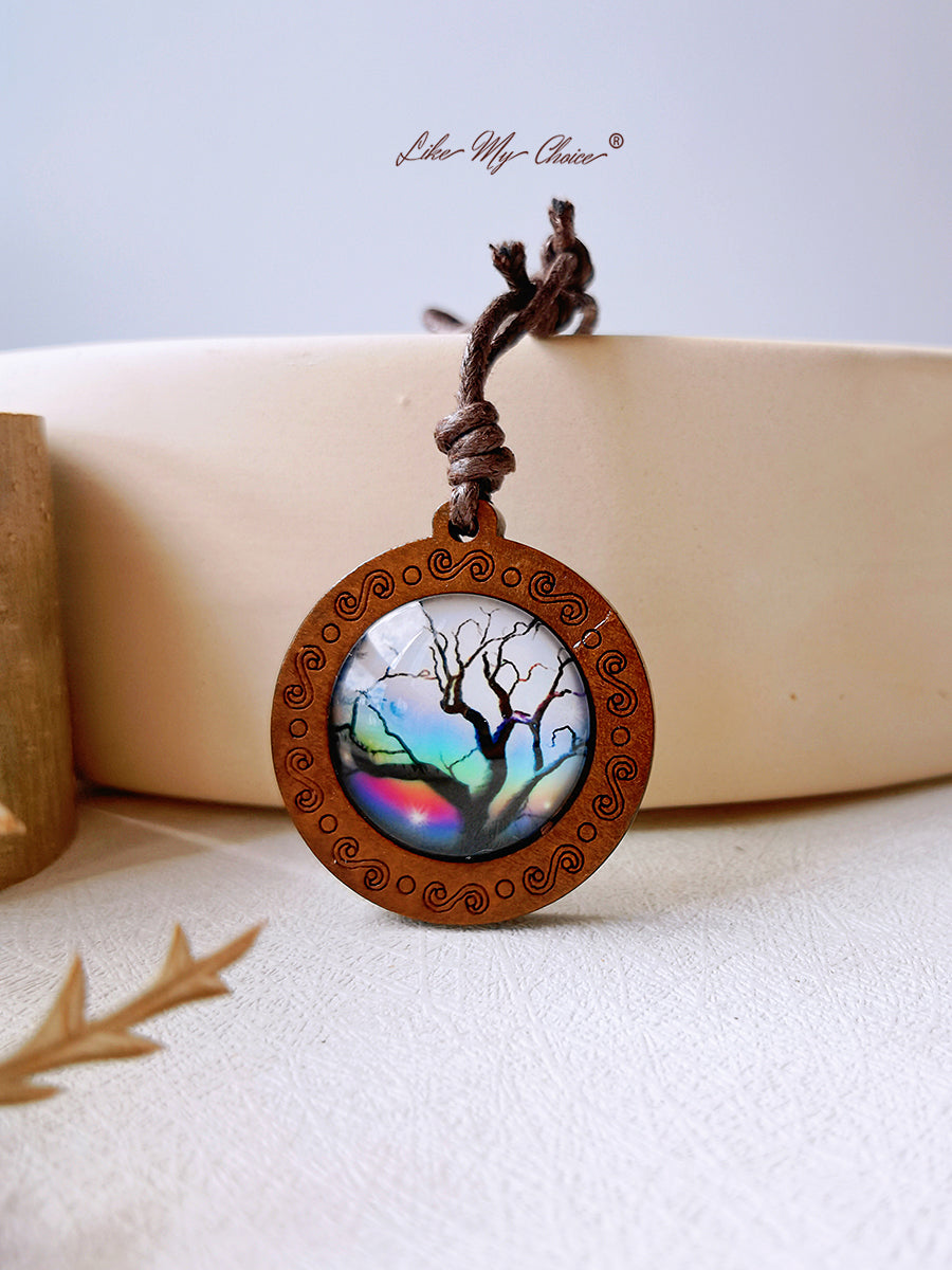 Tree of Life Art Glass Tile Pendant Necklace