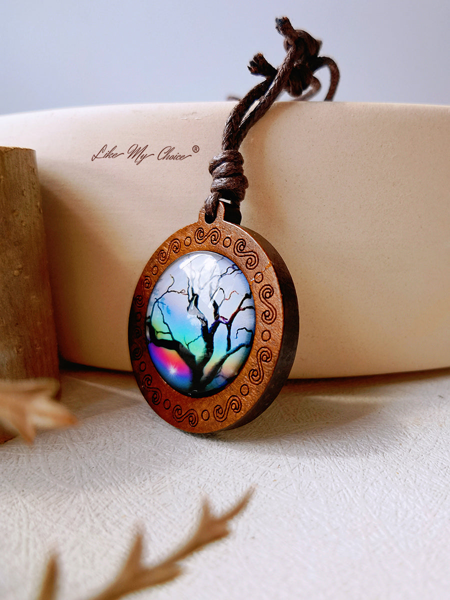 Tree of Life Art Glass Tile Pendant Necklace
