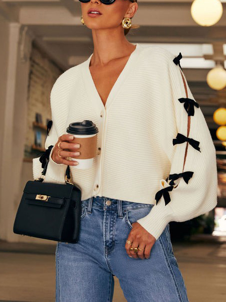 Sweet Bow Embellished Cardigan Sweater