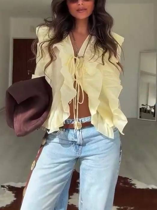 Bohemian Style Ruffled Lace-Up Shirt